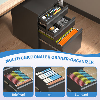 3-Schubladen-Mobil-Aktenkasten mit Schloss - Metall-Ablagekästen für Home Office Organisation – Letter, Legal und A4,Schwarz,H60 cm × B37.3 cm × T44 cm.