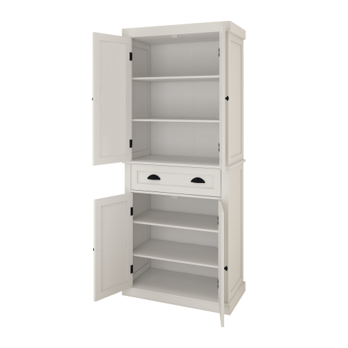 Vorratsschrank für die Küche, mit 4 Türen, Schublade, 2 verstellbaren Regalen, freistehender Schrank, Weiß