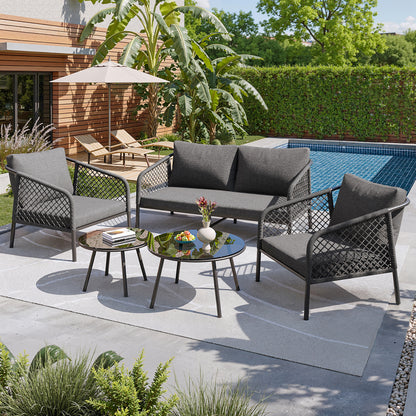 Garten-Lounge-Set, Gartenmöbel-Set aus Seil, Modernes Outdoor-Sofa-Set, graues Seil, Tischplatte aus glattem Glas, inklusive aller Sitz- und Rückenkissen,Loungemöbel, Balkonset , Garten & Terrasse