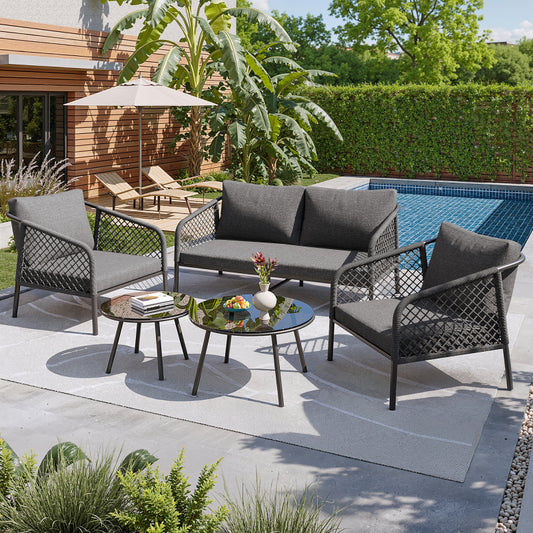 Garten-Lounge-Set, Gartenmöbel-Set aus Seil, Modernes Outdoor-Sofa-Set, graues Seil, Tischplatte aus glattem Glas, inklusive aller Sitz- und Rückenkissen,Loungemöbel, Balkonset , Garten & Terrasse