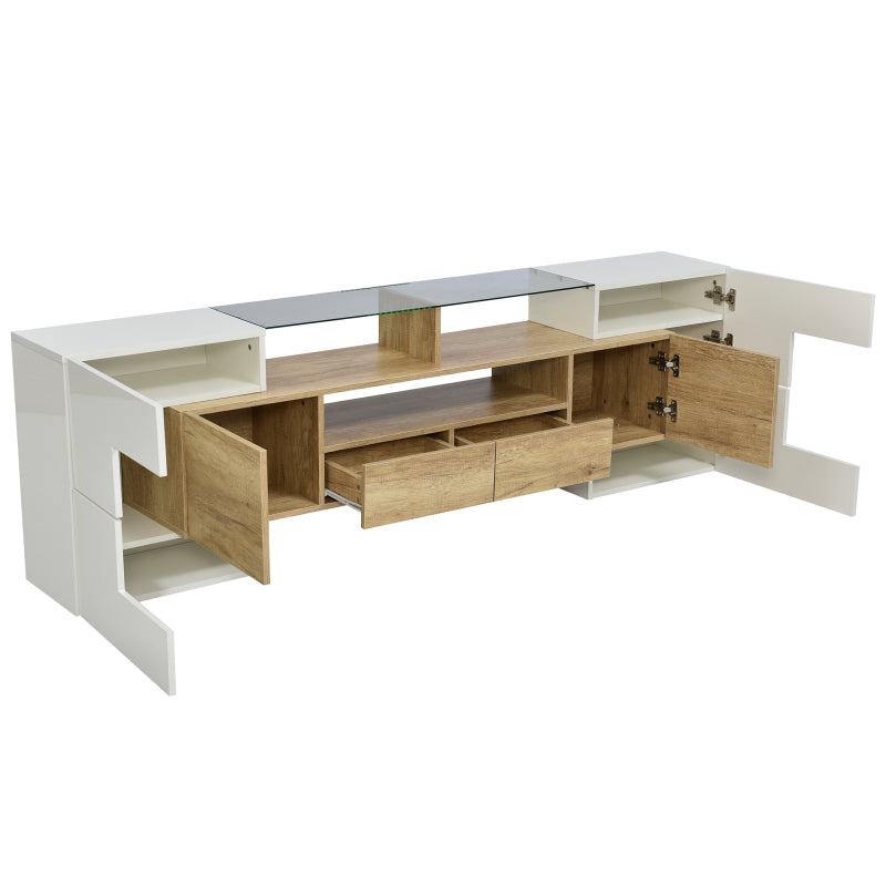 Stilvoller TV-Schrank, Lowboard.hochglänzendes Weiß, 200 cm, LED-Beleuchtung, Wohnzimmermöbel.  modernes Design. elegante Glasoberfläche.