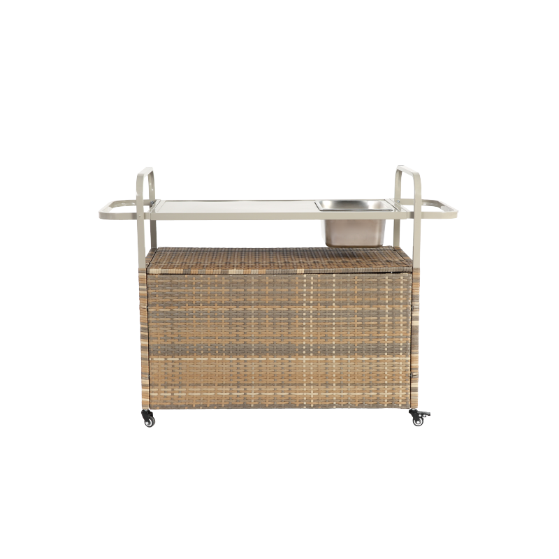 Outdoor Bar Table, Wicker Bar Cart with Cabinet, Patio Serving Cart with steel Top, with one ice bucket,Lockable Wheels, Side Basket for Garden, Poolside & Backyard, Beige