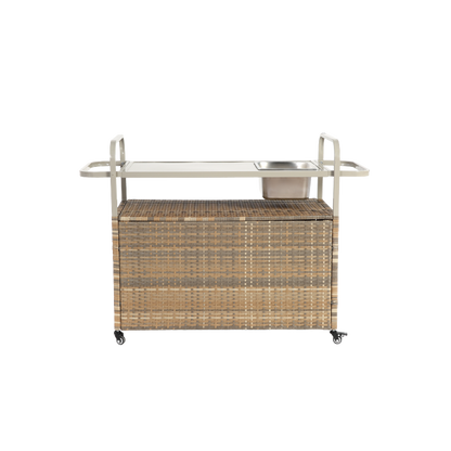 Outdoor Bar Table, Wicker Bar Cart with Cabinet, Patio Serving Cart with steel Top, with one ice bucket,Lockable Wheels, Side Basket for Garden, Poolside & Backyard, Beige