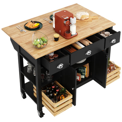 Moderne Kücheninsel Küchenschrank mit Kiefernkorb 120x45x90cm Multifunktions Esstisch Servierwagen Holzmaserung Aufbewahrungskorb Schwarz