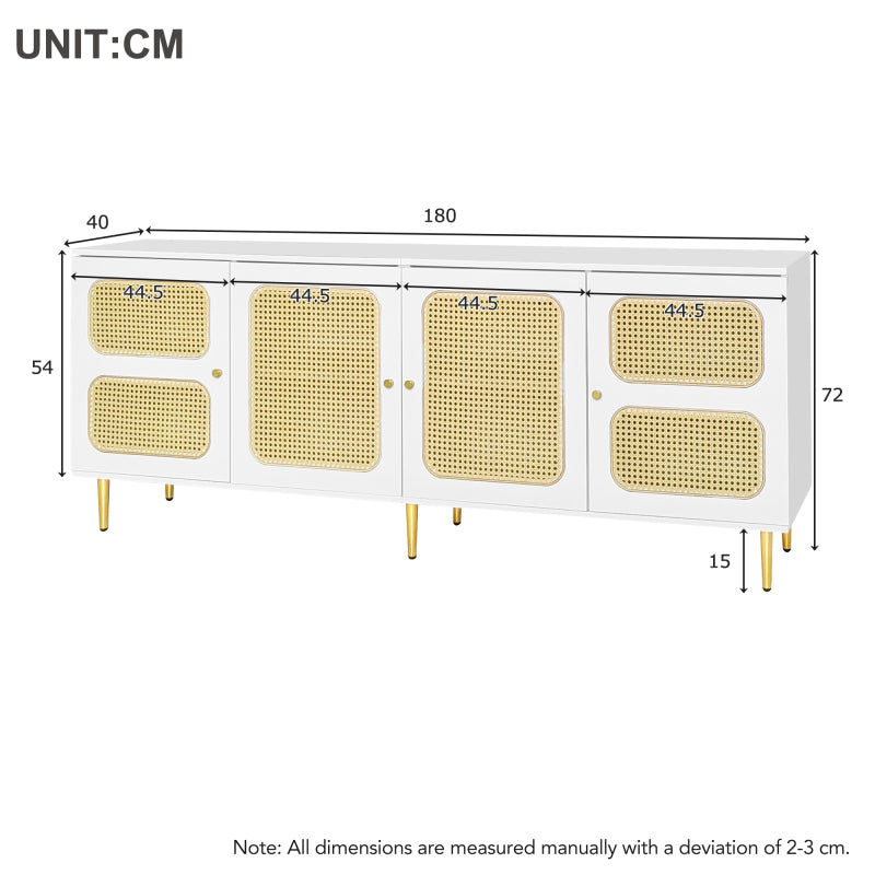 Eleganter Weißer Rattan-TV-Schrank 180x40x72 cm - Mit 4 Rattantüren, Höhenverstellbaren Regalen und Kabelmanagement, Für bis zu 80 Zoll Fernseher,TV-Schränke,Lowboards
