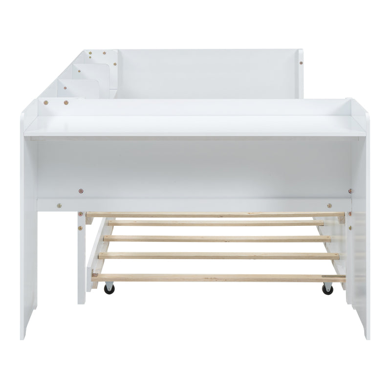 90*200cm, Flachbett, mit ausziehbarem Bett, mit Schreibtisch, drei Regale an der Seite des Bettes,  Weiß