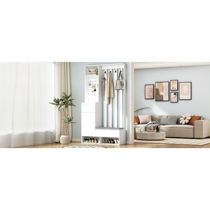 Flurgarderobe mit gepolsterter Aufbewahrungsbank, multifunktionaler Flur-Schuhschrank mit Stecktafel, moderne Garderobe mit 4 Haken für Eingangsbereich, Waschküche, Weiß,H180/B100/T35 cm