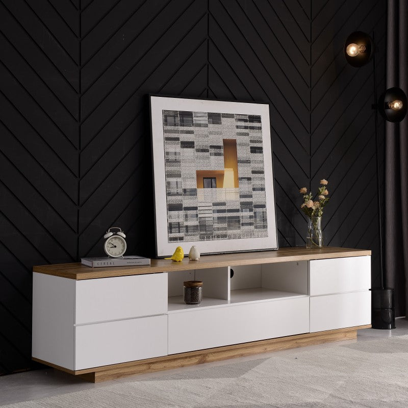 Moderner Farbblock-TV-Schrank in weißer Ausführung, TV-Schrank mit Holzmaserung, 180 cm