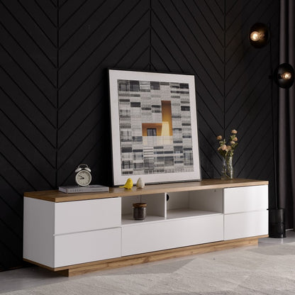 Moderner Farbblock-TV-Schrank in weißer Ausführung, TV-Schrank mit Holzmaserung, 180 cm