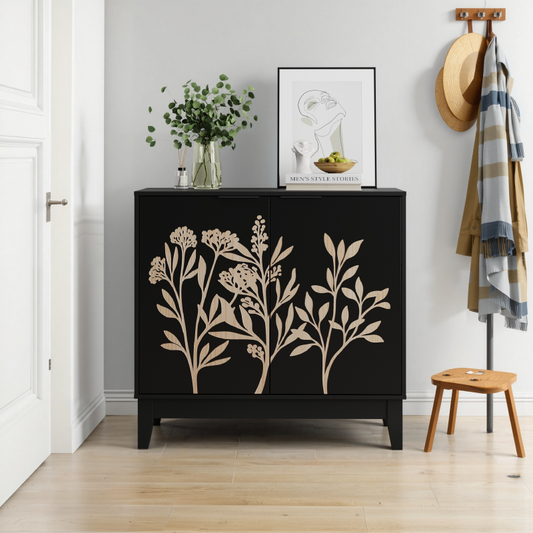 Vintage Buffetschrank mit Schnitzerei, 2 Türen & verstellbaren Regalen – Holz Sideboard für Wohnzimmer, Küche & Esszimmer, Schwarz