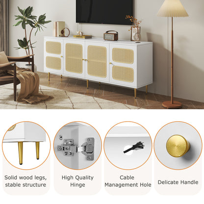 Eleganter Weißer Rattan-TV-Schrank 180x40x72 cm - Mit 4 Rattantüren, Höhenverstellbaren Regalen und Kabelmanagement, Für bis zu 80 Zoll Fernseher,TV-Schränke,Lowboards