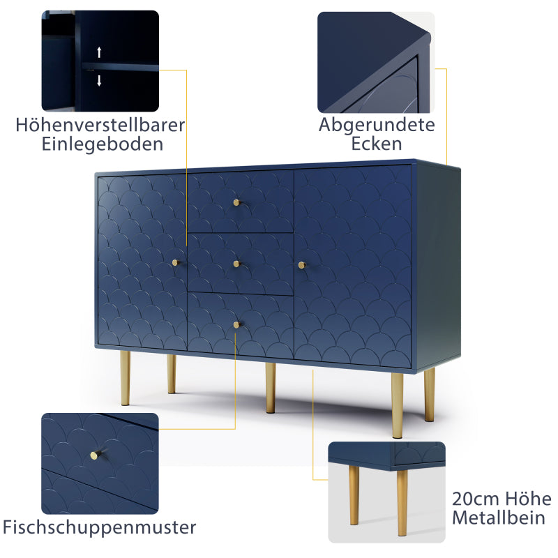 Kommode mit 2 Türen und 3 Schubladen, Verstellbare Ablage, für Wohnzimmer Schlafzimmer, Marineblau-H82/B120/T40 cm