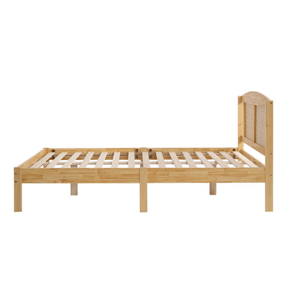 Doppelbett, Rattanbett, Jugendbett Erwachsenenbett 160X200cm, Rattannetzkissen, mit 15 Latten und Mittelfüße, Kiefer + PE-Rattan, Natur