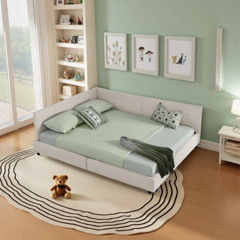 Doppelbett 160x200, weiches hautfreundliches Samt, L-förmiges Eck Bettgestell, robuste Eukalyptus- und Eisenlatten, Beige (ohne Matratze)