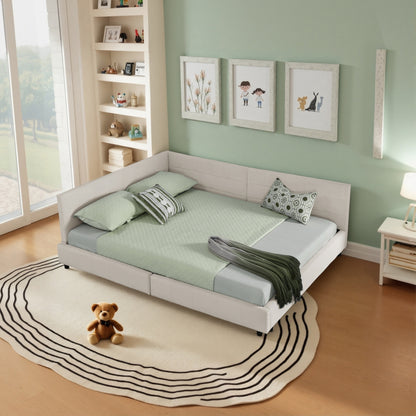 Doppelbett 160x200, weiches hautfreundliches Samt, L-förmiges Eck Bettgestell, robuste Eukalyptus- und Eisenlatten, Beige (ohne Matratze)