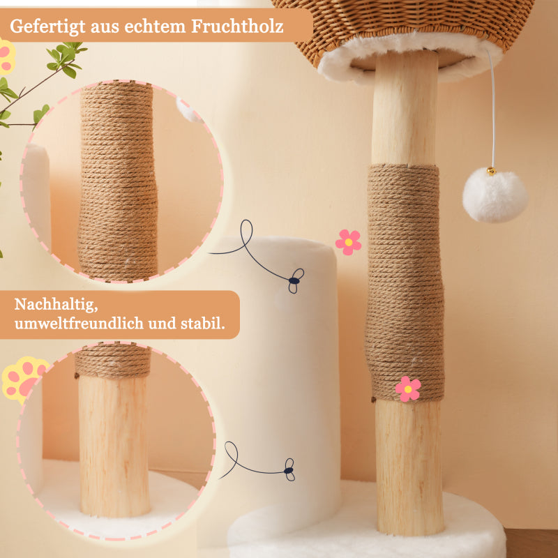 Katzenbaum aus Massivholz mit 2 Körben & Höhle, Naturholz & Sisal, mit Plüschball & dickem Kissen – Nachhaltig 108cm