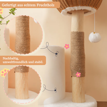 Katzenbaum aus Massivholz mit 2 Körben & Höhle, Naturholz & Sisal, mit Plüschball & dickem Kissen – Nachhaltig 108cm