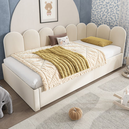 Polsterbett Daybett 90x200cm,Tagesbett Schlafsofa mit Ausziehbett 90x190cm, Kinderbett mit Lattenrost, Samt,Beige, ohne Matratze