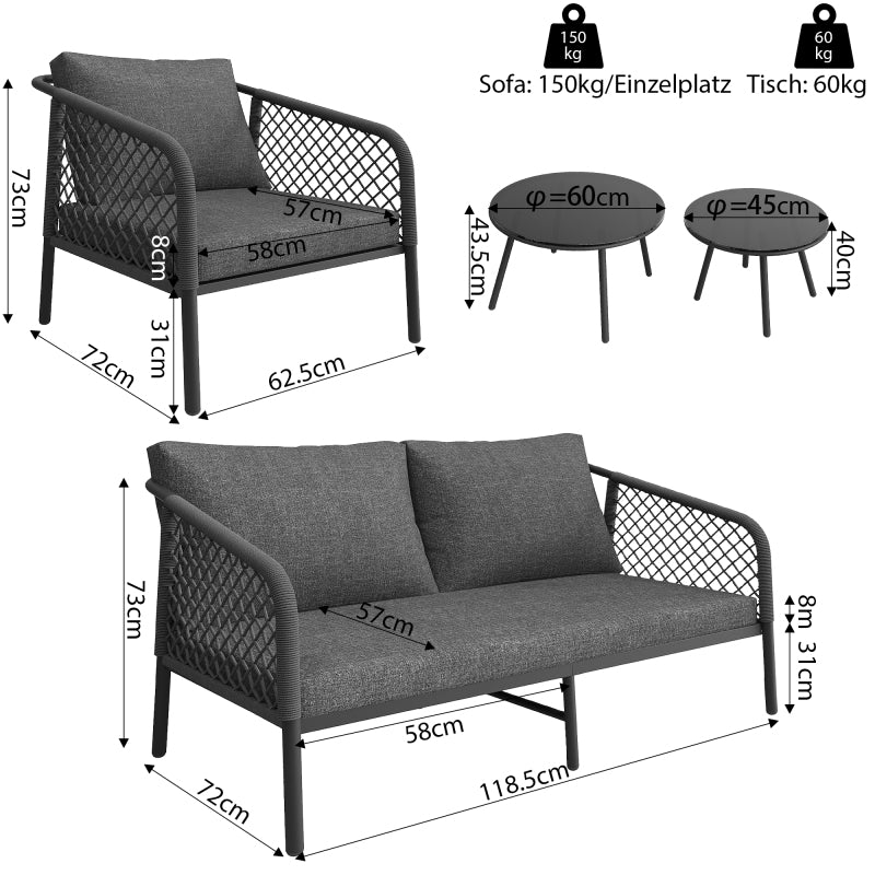 Garten-Lounge-Set, Gartenmöbel-Set aus Seil, Modernes Outdoor-Sofa-Set, graues Seil, Tischplatte aus glattem Glas, inklusive aller Sitz- und Rückenkissen,Loungemöbel, Balkonset , Garten & Terrasse