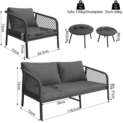 Garten-Lounge-Set, Gartenmöbel-Set aus Seil, Modernes Outdoor-Sofa-Set, graues Seil, Tischplatte aus glattem Glas, inklusive aller Sitz- und Rückenkissen,Loungemöbel, Balkonset , Garten & Terrasse