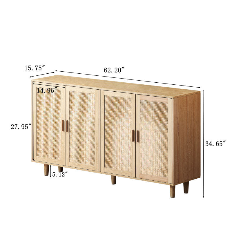 158CM Elegant and Functional 4-Door Rattan Decorative Storage Cabinet,for Bedroom,Living Room,Office;158CM Eleganter und funktioneller 4-türiger Rattan Schrank für Schlafzimmer, Wohnzimm