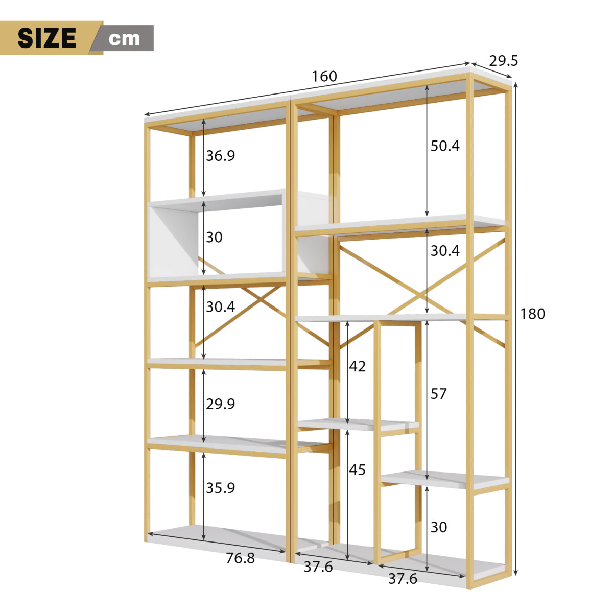Regal 160x29,5x180 cm aus Stahl & MDF, modernes Bücherregal mit Gold-Weiß-Design, stabile Struktur & offene Fächer, leicht zu montieren