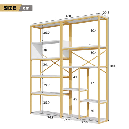 Regal 160x29,5x180 cm aus Stahl & MDF, modernes Bücherregal mit Gold-Weiß-Design, stabile Struktur & offene Fächer, leicht zu montieren