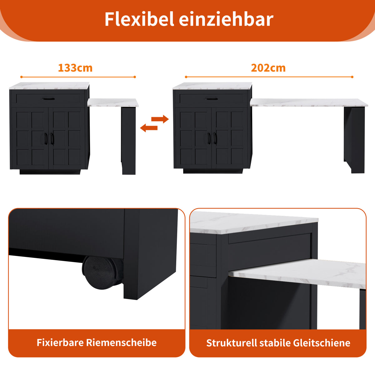 Bartisch ausziehbar 133-202cm, Kücheninsel mit Marmor-Optik & Stauraum, Esstisch für 2-6 Personen, Küchenwagen mit Schubladen & Regalen, Schwarz