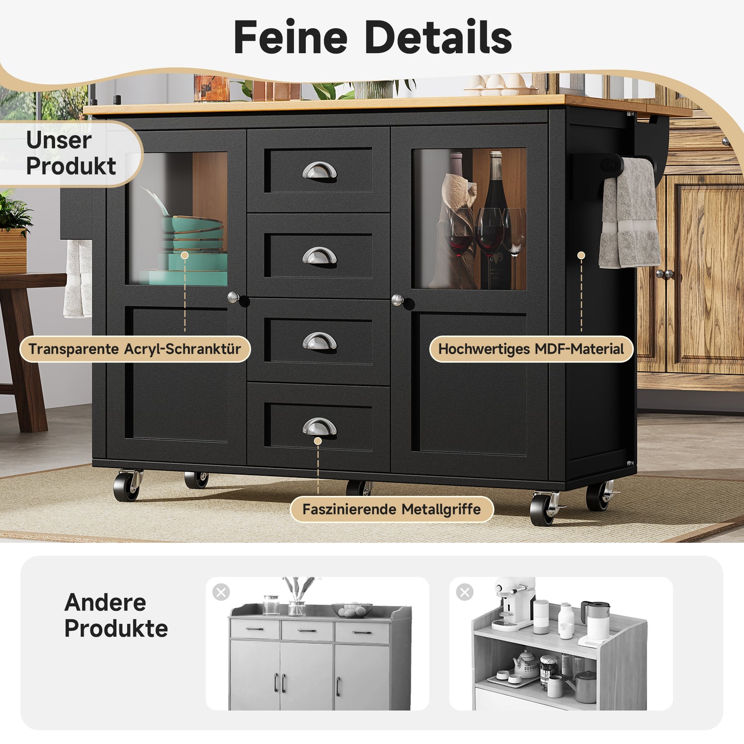 Kücheninsel Küchenwagen auf Rollen 120x73x93cm ausziehbarer Küchenschrank Buffetschrank mit Gewürzregal Handtuchhalter 2 Türen 4 Schubladen Schwarz