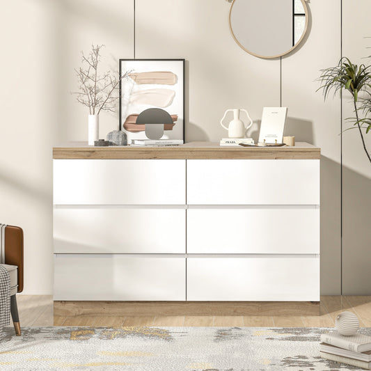 Kommode mit 6 Schubladen, Schließfach,Funktion von Aufbewahrung, für Schlafzimmer und Wohnzimmer, E1-Spanplatte, weiß+oak