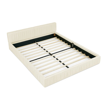 Doppelbett 160*200cm, mit Samtweichem Chenille-Bezug, Aus Ökologischem Eukalyptusholz und Stabiler Eisenrahmen, Beige (ohne Matratze)