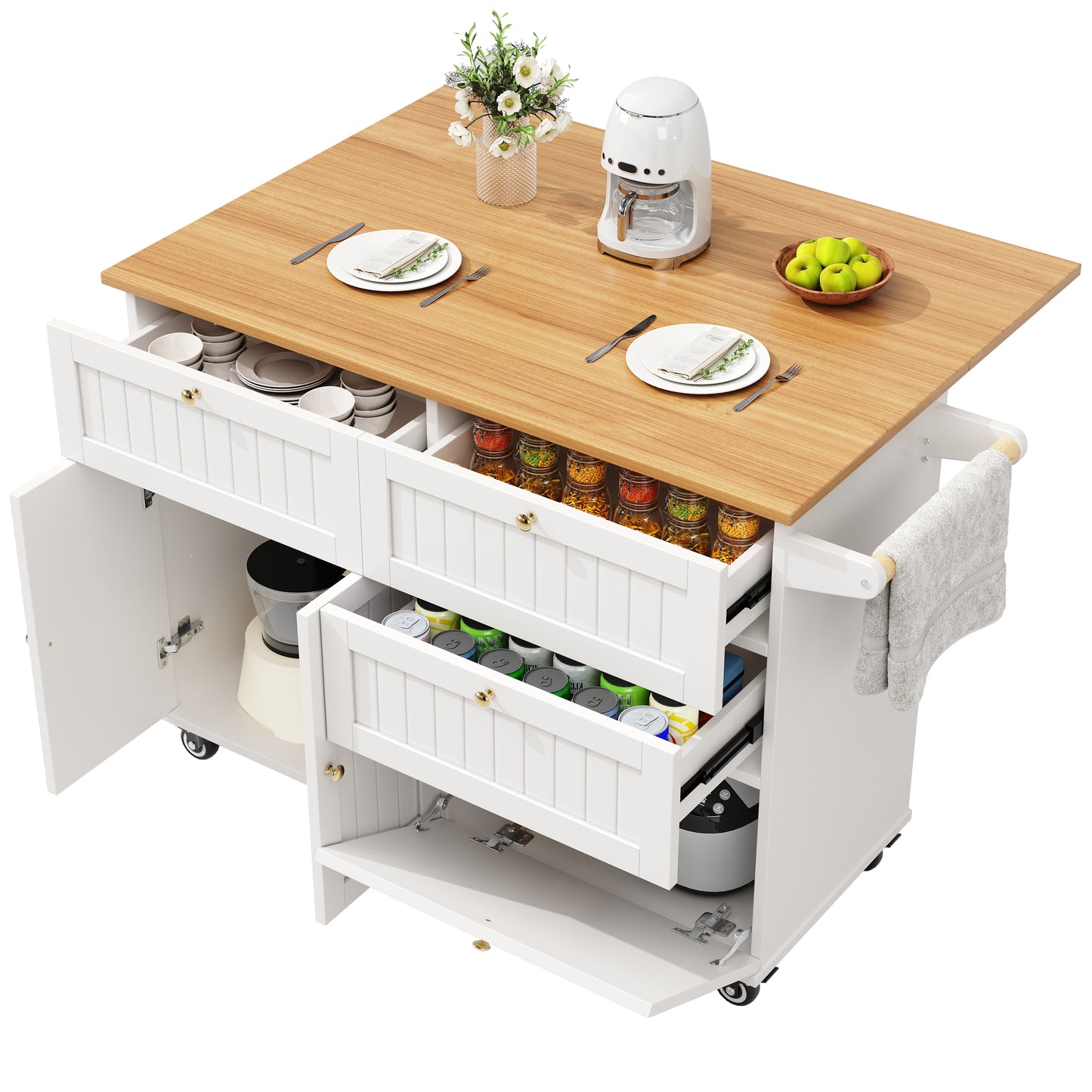 Moderne Kücheninsel, Küchenschrank, buffetschrank, Speisewagen mit Holzmaserung, buffetschrank, Multifunktionale Esstisch mit Speicherraum, Speisewagen mit Stretchfunktionsschränken, weiß