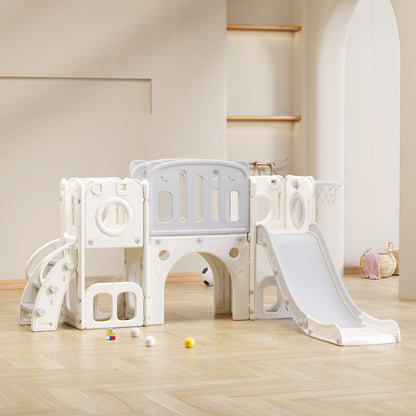 Bären Kinder 6-in-1 Rutsche mit einer Rutsche, zwei Plattformen, zwei Bodenschrankfächern, Basketballkorb und Treppe - Hochdichtes Polyethylen (Ozeanbälle nicht enthalten