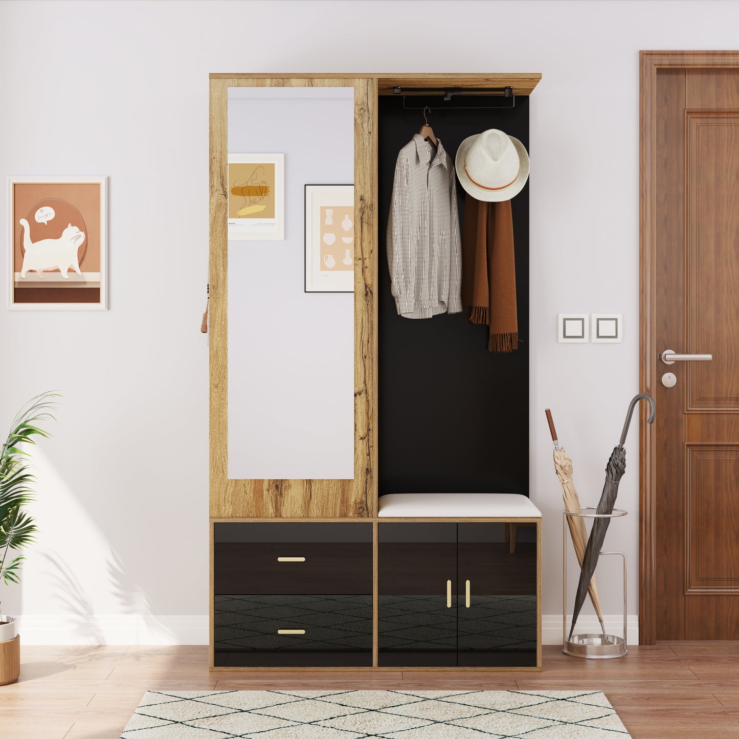 Elegantes Kleiderschrank Set in Schwarz und Holzfarbe mit Spiegel, Schuhschrank, Schuhbank mit Haken und ausziehbaren Kleiderbügeln.