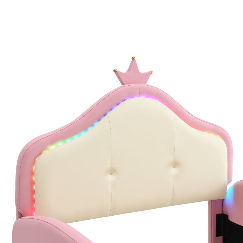 Polsterbett, Crown Cartoon Bett, Mit Multi-Mode-LED-Streifen, Kinderbett mit kleiner Rutsche und Treppe, mit schützenden weichen Kanten, mit Holzlatten, PU, Rosa + Beige, 90x200cm