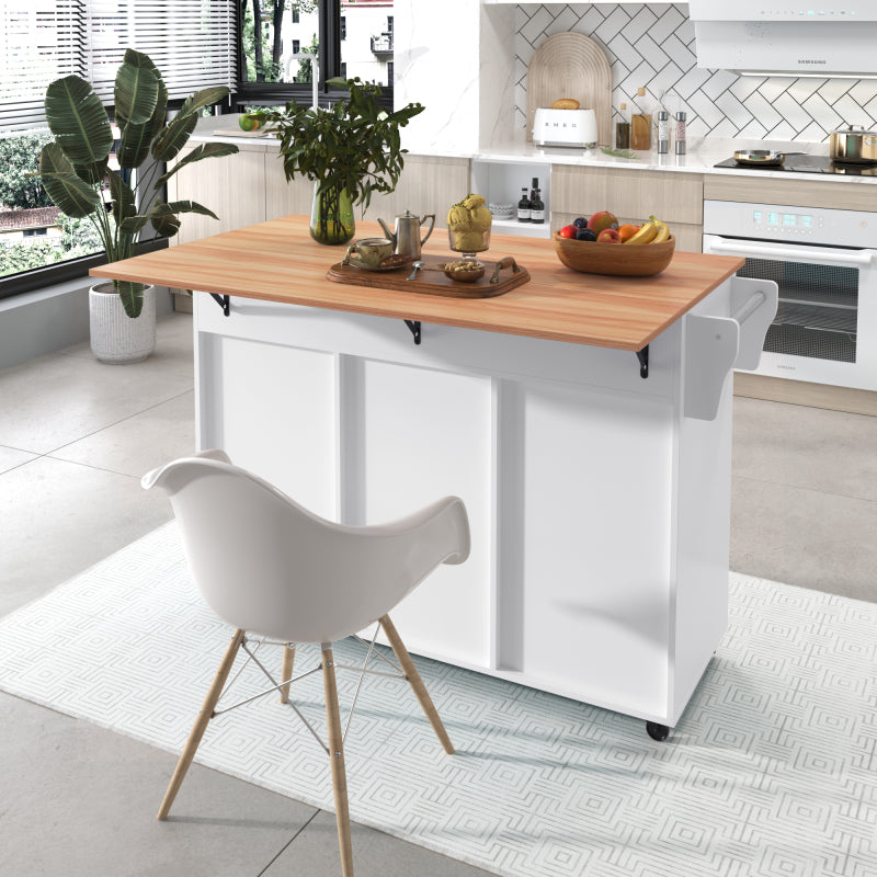 129x46(71)x91,5 cm großer Speisewagen/Sideboard, Arbeitsplatte mit Massivholzmaserung + Weiß Schrank/faltbare Arbeitsplatte/Aufbewahrungstür-Design/Räder/Massivholzfüße umschaltbar/für Zuhause geeig