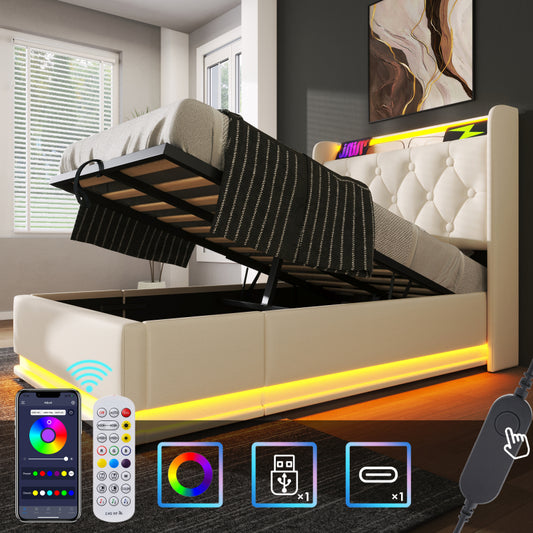 Polsterbett einzelbett, 360-Surround-LED-Funktion, Drucktaste/App/Fernbedienung, 90*200 cm, weiß PU-Material Hydraulisches Lagerbett, gepolstertes Kopfteil mit USB Typ-C Ladefunktion (Ohne Matratze)