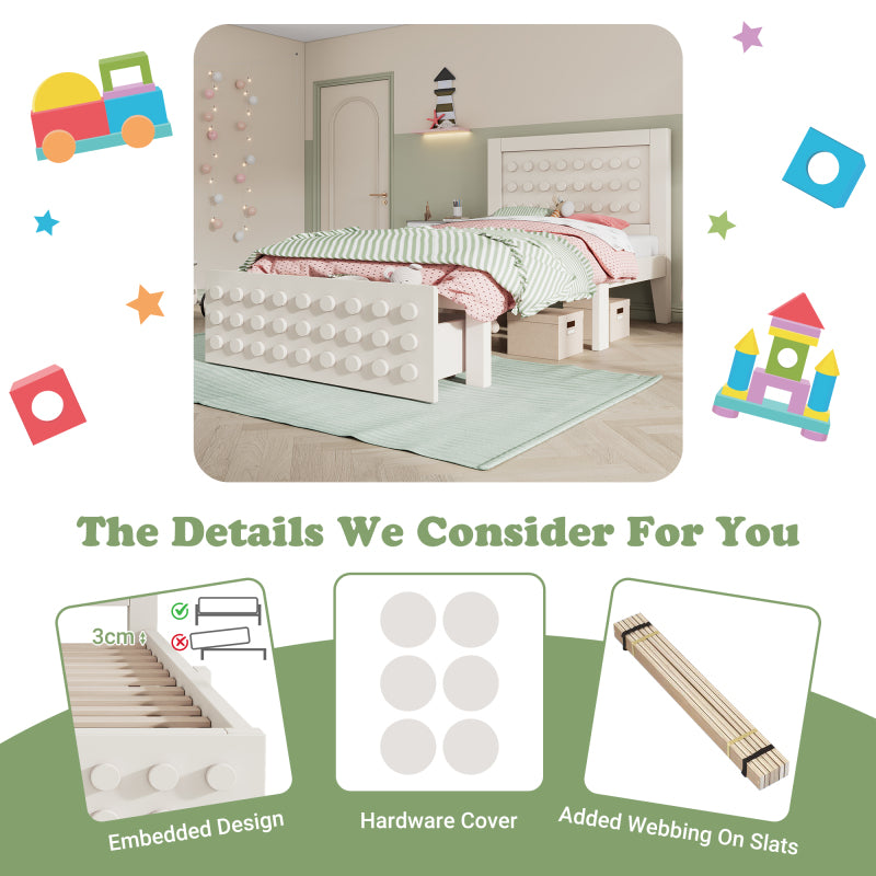 Holzbett Einzelbett 90x190 cm, Kinderbett Jugendbett mit Kreativem Block Design, Massivholz Bettgestell mit Lattenrost, mit Schubladen & Unterm Bett Stauraum, Weiß, Ohne Matratze