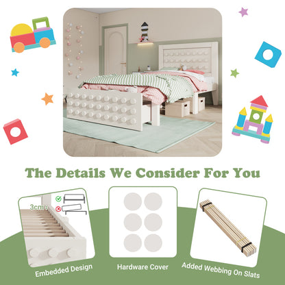 Holzbett Einzelbett 90x190 cm, Kinderbett Jugendbett mit Kreativem Block Design, Massivholz Bettgestell mit Lattenrost, mit Schubladen & Unterm Bett Stauraum, Weiß, Ohne Matratze