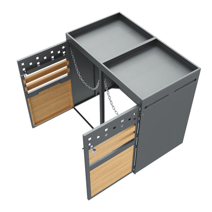 Mülltonnenbox 2er mit Pflanzdach, 120-240 Liter, Anthrazit  Tür in Holzoptik inkl. Erweiterungsmöglichkeit ,Aufbewahrungsbox für Mülltonnen, Müllbox (Das Produkt enthält keinen eingebauten Mülleimer)
