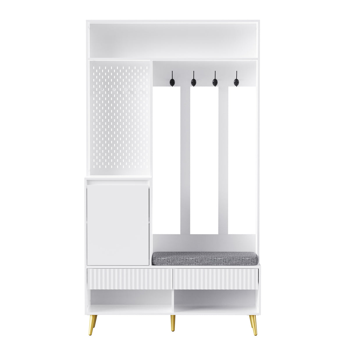 Garderoben-Set mit Schuhbank, Wandgarderobe mit 4 Haken, 2 Schubladen & Schranktür, MDF, Weiß, 100×35×180 cm
