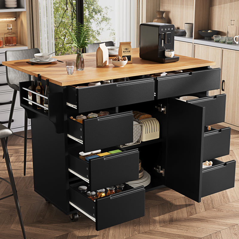 Moderne Kücheninsel, Küchenschrank, Ausziehbarer Küchenwagen mit Rollen und Arbeitsplatte, Servierwagen mit Gewürzregal und 8 Schubladen, Schwarz