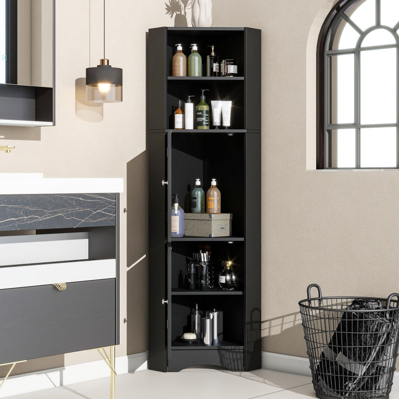Badschrank, Badmöbel, Eckschrank mit zwei Ablagefächern, offenes Fach mit verstellbarem Einlegeboden, 36.5x 36.5 x 155 cm, schwarz