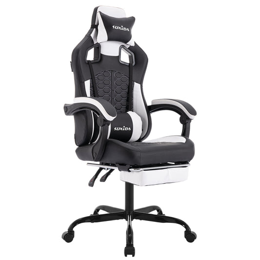 Gaming Stuhl, Ergonomischer Gaming-Stuhl mit Fußstütze, Racing Gaming Chair Kopfstütze Verstellbarer Computerstuhl Höhenverstellbar Lendenwirbelstütze für Homeoffice und Gaming Schwarz