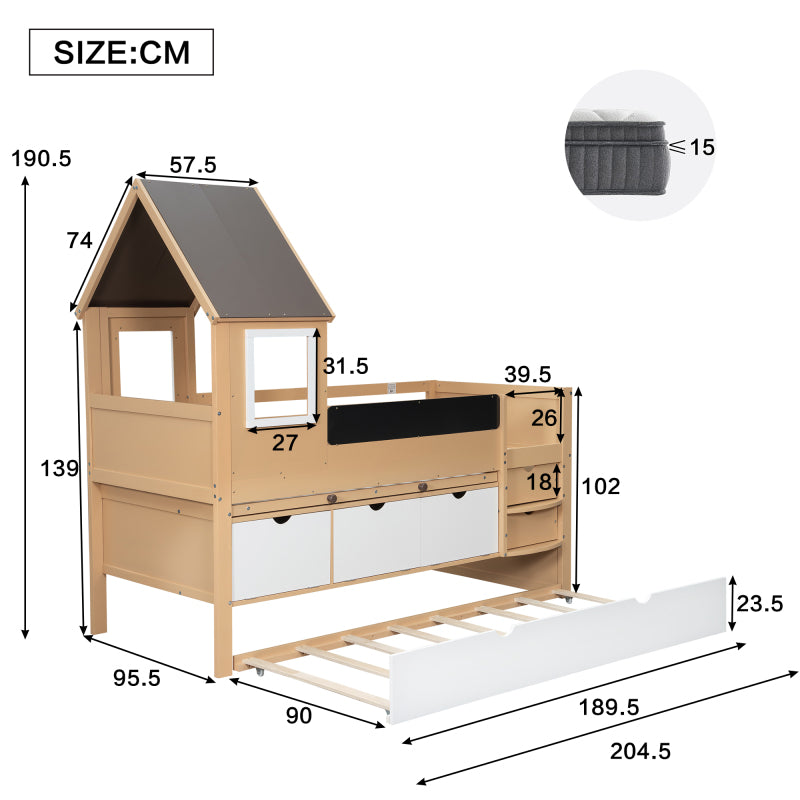 Etagenbett, Baumhausbett mit Schubladen und Ausziehbett, Mit Ausziehtisch, Reichlich Stauraum, Holzbett mit Fenster, Rahmen aus Kiefer, Graffiti-Tafel, Kiefer+MDF, weiß+Natur, 90x200&90*190cm