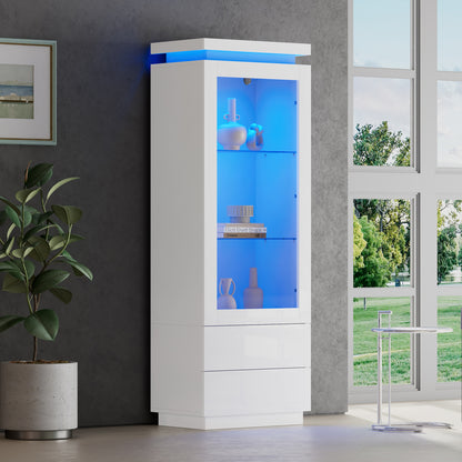 Weiß Hochglanz Vitrine 60x40x171cm mit App-LED & 2 Schubladen, Glasvitrine Hochschrank mit Acryltür, Standregal Wohnzimmerschrank