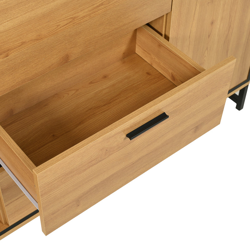 Sideboard mit drei Schubladen, exquisite Maserung. Modernes Sideboard in Holzfarbe mit Ablagefächern – stilvolle und funktionale Wohnmöbel. Schwarz und Holzfarbe.