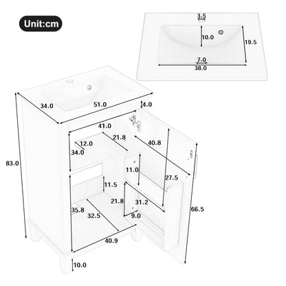 51x34x83cmBodenstehender Badezimmerschrank, Waschtisch, Waschtisch,komplett lackiert, Türregale, verstellbare Regale, integriertes Keramikwaschbecken, geeignet für kleine Räume, weiß