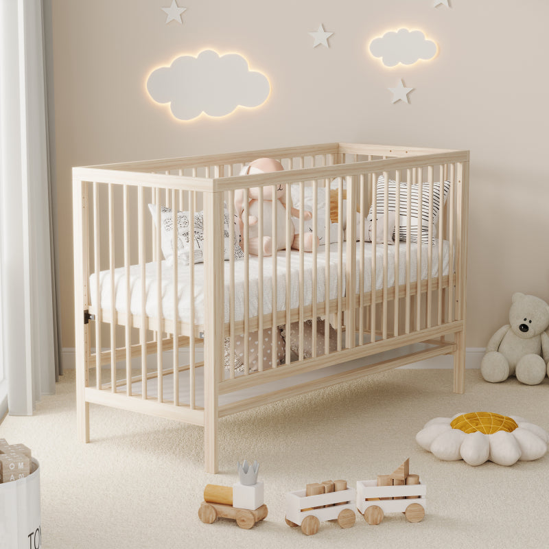 Holz Babybett, umwandelbar in Nebenbett / Malerbrettständer / Schreibtisch, höhenverstellbar, ohne Matratze, aus Fichte, naturfarben, 140x60x90cm