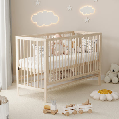 Holz Babybett, umwandelbar in Nebenbett / Malerbrettständer / Schreibtisch, höhenverstellbar, ohne Matratze, aus Fichte, naturfarben, 140x60x90cm